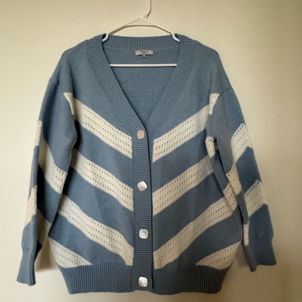 FRNCH Blue and Cream Chevron Cardigan